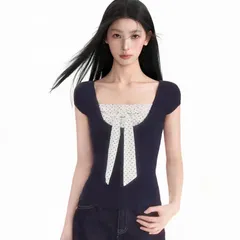 Áo thun ngắn tay tím than cổ vuông phối chấm bi kiểu hai mảnh thắt nơ ngực ngọt ngào mùa hè