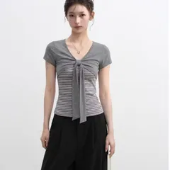 Áo thun nữ tay ngắn kẻ sọc màu xám phối nơ ngực phong cách Hàn Quốc. Áo kiểu hai mảnh thắt nơ cộc tay mùa hè cá tính