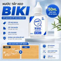 Nước tẩy keo Biki HOME đa năng hiệu quả trên các vết keo thừa, băng dính, sticker, giấy dán tường, vết son, kẹo cao su