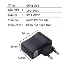 Cục Sạc USB 5V 0.5A Sạc Nhanh An Toàn, Củ Sạc Điện Thoại Cổng Usb Tiện Dụng - Cóc Sạc Đổi Đèn Báo Đầy (Màu Đen)