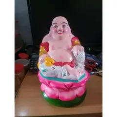 Tượng Phật Di Lặc 30cm ngồi toà sen hồng đất nung ĐẸP