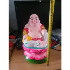 Tượng Phật Di Lặc 30cm ngồi toà sen hồng đất nung ĐẸP