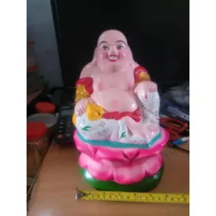 Tượng Phật Di Lặc 30cm ngồi toà sen hồng đất nung ĐẸP