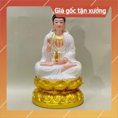Tượng Quan Âm Màu Trắng Vẽ Đế Sen Vàng Ngồi 30cm composite