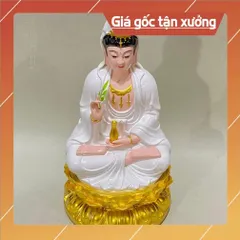 Tượng Quan Âm Màu Trắng Vẽ Đế Sen Vàng Ngồi 30cm composite