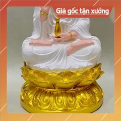 Tượng Quan Âm Màu Trắng Vẽ Đế Sen Vàng Ngồi 30cm composite