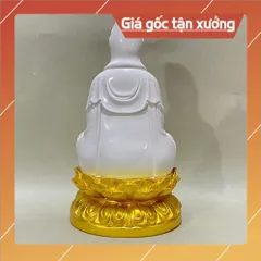 Tượng Quan Âm Màu Trắng Vẽ Đế Sen Vàng Ngồi 30cm composite
