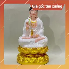 Tượng Quan Âm Màu Trắng Vẽ Đế Sen Vàng Ngồi 30cm composite