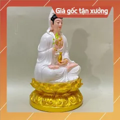 Tượng Quan Âm Màu Trắng Vẽ Đế Sen Vàng Ngồi 30cm composite