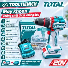 Máy khoan không chổi than TOTAL 20V 55Nm 13mm 2 tốc độ – Bộ máy khoan cầm tay kèm bộ 2Ah và sạc