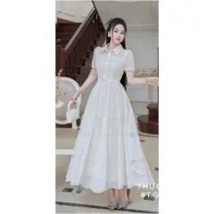 (HÀNG MỚI) Đầm tiểu thư Dáng Dài Thắt Eo cổ sơ mi - Váy Ren Phong cách sang chảnh hàng 2 lớp  Màu kem Đúp lót 2 lớp