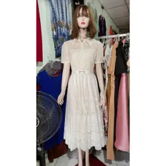 (HÀNG MỚI) Đầm tiểu thư Dáng Dài Thắt Eo cổ sơ mi - Váy Ren Phong cách sang chảnh hàng 2 lớp  Màu kem Đúp lót 2 lớp
