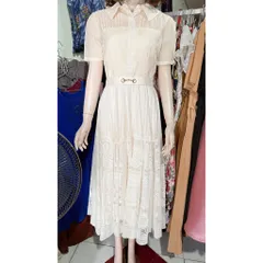 (HÀNG MỚI) Đầm tiểu thư Dáng Dài Thắt Eo cổ sơ mi - Váy Ren Phong cách sang chảnh hàng 2 lớp  Màu kem Đúp lót 2 lớp