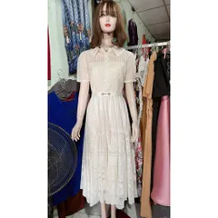 (HÀNG MỚI) Đầm tiểu thư Dáng Dài Thắt Eo cổ sơ mi - Váy Ren Phong cách sang chảnh hàng 2 lớp  Màu kem Đúp lót 2 lớp