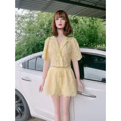 Set ren thiết kế cao cấp. Mềm mịn và mát. Freesize 58kg đổ lại. Hàng có sẵn giao ngay M Màu vàng nhạt Eo quần bo chun