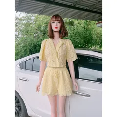 Set ren thiết kế cao cấp. Mềm mịn và mát. Freesize 58kg đổ lại. Hàng có sẵn giao ngay M Màu vàng nhạt Eo quần bo chun