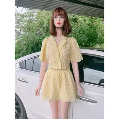 Set ren thiết kế cao cấp. Mềm mịn và mát. Freesize 58kg đổ lại. Hàng có sẵn giao ngay M Màu vàng nhạt Eo quần bo chun