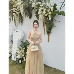 Đầm thiết kế cổ yếm phối voan đính đá dáng xoè dự tiệc sang trọng Hàng có sẵn giao ngay  Đúp lót 2 lớp đẹp, có sẵn mút