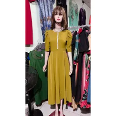 Đầm dáng dài màu bơ Eo dưới 68cm mặc đẹp Chiều dài đầm 121cm Giá 320k