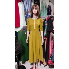 Đầm dáng dài màu bơ Eo dưới 68cm mặc đẹp Chiều dài đầm 121cm Giá 320k