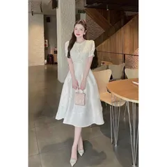 Đầm Thiết Kế Tay Phồng Ren Nơ đính Kết Hoa Dự Tiệc Sang Trọng  Đủ size  Hàng có sẵn giao ngay L Màu kem Chất Taffa