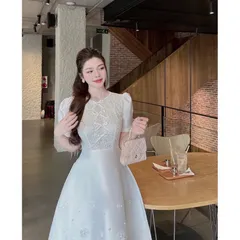 Đầm Thiết Kế Tay Phồng Ren Nơ đính Kết Hoa Dự Tiệc Sang Trọng  Đủ size  Hàng có sẵn giao ngay L Màu kem Chất Taffa