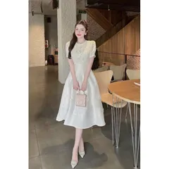Đầm Thiết Kế Tay Phồng Ren Nơ đính Kết Hoa Dự Tiệc Sang Trọng  Đủ size  Hàng có sẵn giao ngay L Màu kem Chất Taffa