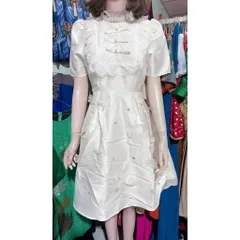 Đầm Thiết Kế Tay Phồng Ren Nơ đính Kết Hoa Dự Tiệc Sang Trọng  Đủ size  Hàng có sẵn giao ngay L Màu kem Chất Taffa