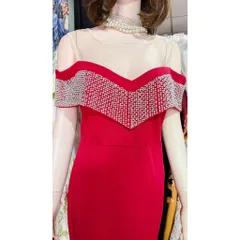 Đầm dạ hội đuôi cá tay choàng phối lưới đính đá thủ công tỉ mỉ cao cấp, xẻ bên trái dễ đi lại, tôn đôi chân dài
