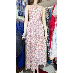 Đầm hoa nhí dáng dài cổ yếm đi biển đi du lịch siêu đẹp Hàng có sẵn giao ngay Phía sau có bo chun co giãn dễ mặc