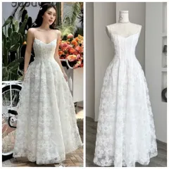 Đầm Dự Tiệc 2 Dây Dáng Dài Ren Hoa Nổi Kim Sa Siêu Sang cho Nàng ,Đầm maxi ren trắng 2s kim sa  Giá 450k Size S