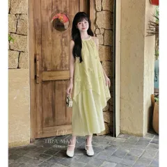 Đầm maxi đi biển ,cổ yếm thắt bím dáng dài suông Đầm du lịch chất đũi lụa hàn tiểu thư Bầu bì bon chen thoải mái