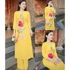 Áo Dài Truyền Thống # Bộ Áo Dài Lụa Tằm Ướt Thêu Sen đẹp Giá 390k/ cả set gồm áo dài và quần Hàng có sẵn giao ngay