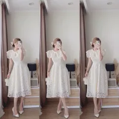 Đầm Xoe Hoa Nổi Cổ Peter Phối Ren Cực Sang Trọng Cho Các Nàng Màu trắng Size SML, eo dưới 80cm mặc đẹp Đúp lót 2 lớp