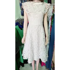 Đầm Xoe Hoa Nổi Cổ Peter Phối Ren Cực Sang Trọng Cho Các Nàng Màu trắng Size SML, eo dưới 80cm mặc đẹp Đúp lót 2 lớp