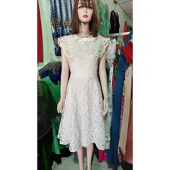 Đầm Xoe Hoa Nổi Cổ Peter Phối Ren Cực Sang Trọng Cho Các Nàng Màu trắng Size SML, eo dưới 80cm mặc đẹp Đúp lót 2 lớp