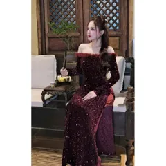 Set Bộ Áo Dài Trễ Vai Bling Đỏ Đô Phối Quần Suông , Set Bộ Áo Dài Trễ Vai Tay Dài Mix Lông Chiết Eo Set Áo Dài Nhung