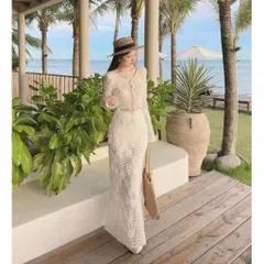 Sét đồ nữ chất ren lưới hoa áo dài tay cột dây phối chân váy dáng dài, sét đồ thiết kế sang chảnh mặc đi biển
