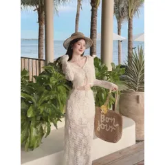 Sét đồ nữ chất ren lưới hoa áo dài tay cột dây phối chân váy dáng dài, sét đồ thiết kế sang chảnh mặc đi biển