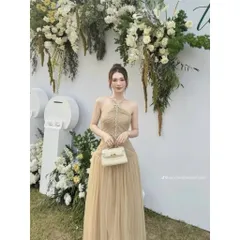 Đầm cổ yếm xòe lưới đính đá sang trong Màu kem Size SMLXL2XL Đúp lót 2 lớp Giá 299k Có sẵn mút ngực