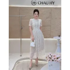 Đầm Thiết Kế Ren Hoa Dáng Dài Đi Tiệc Phong Cách Tiểu Thư , ren chân sóng cao cấp siêu sang chảnh dành cho nữ mặc