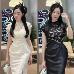 Đầm body dự tiệc tiểu thư tay ngắn phối ren thiết kế xẻ tà nhấn eo sang chảnh kèm mẫu chụp thật Hàng có sẵn giao