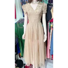 Đầm ren thiết kế sang trọng vải ren hoa nổi 2 lớp phối tung lưới voan chuẩn lên dáng siêu Đẹp dáng dài Màu nude