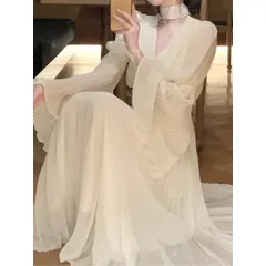 Đầm tay dài dập ly toàn bộ mặc đi biển đi du lịch đi chơi siêu đẹp Màu kem Dáng dài Giá 420k Size SMLXL mặc đẹp