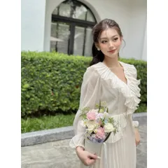 Đầm tay dài dập ly toàn bộ mặc đi biển đi du lịch đi chơi siêu đẹp Màu kem Dáng dài Giá 420k Size SMLXL mặc đẹp