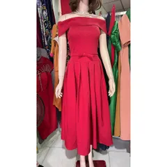Đầm chấm bi trễ choàng vai nơ eo dáng dài Hàng coa sẵn giao ngay Giá 390k Size SML mặc đẹp Màu kem Hàng cao cấp