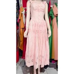 Đầm thiết kế xô thêu hoa 2 dây bèo nhún dáng dài (Freesize 76 trở về), phía sau có bo chun co giãn dễ mặc