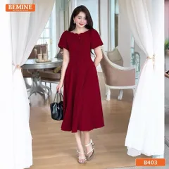 Đầm thiết kế cổ thuyền kiểu gợn sóng đính nơ dáng chữ A phù hợp đi làm, đi chơi Haàng có sẵn giao ngay L Size SML