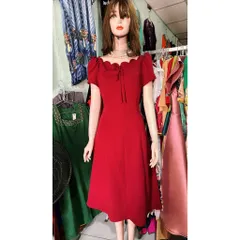 Đầm thiết kế cổ thuyền kiểu gợn sóng đính nơ dáng chữ A phù hợp đi làm, đi chơi Haàng có sẵn giao ngay L Size SML