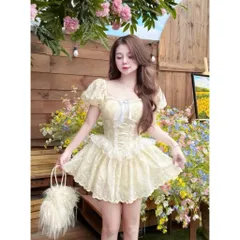 Đầm Thô Thêu Bèo Ren Eo Tag Nơ Xinh Tiểu Thư Hàng có sẵn giao ngay, có kèm quần sẵn, có sẵn mút ngực Size SML mặc đẹp